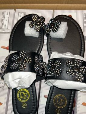 Black Floral Rhinestone Slide Sandals
